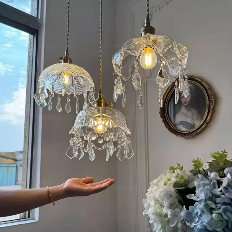 （福利）复古法式黄铜水晶玻璃小吊灯田园卧室床头吧台餐厅走廊玄