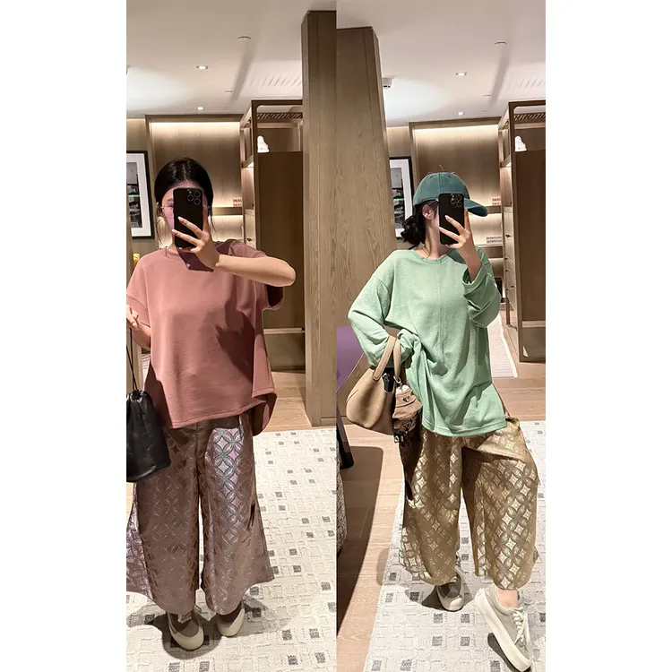 LA CALLA织锦缎裤后松紧腰休闲裤YY-AP6309