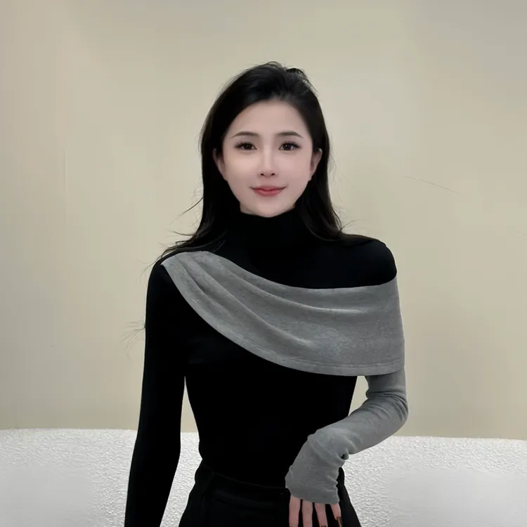 微胖大码胖MM长袖T恤女加绒加厚拼接秋冬季正肩修身半高领打底衫