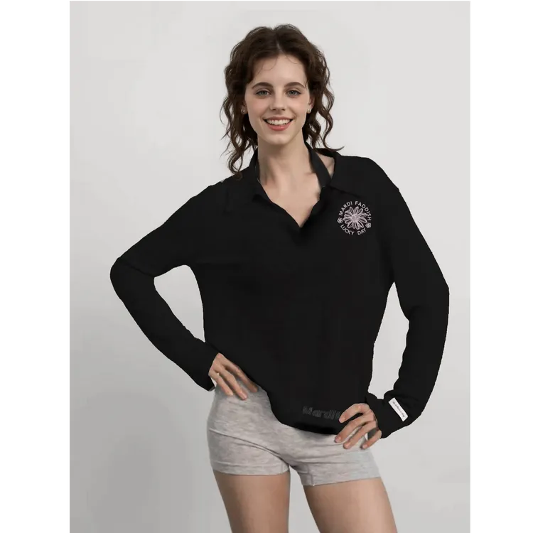 Mardi 玛尔帝纯欲慵懒风薄款套头亚麻天丝polo衫V领长袖T恤