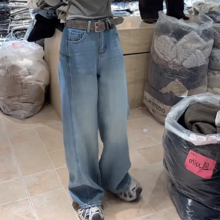 2025新款百搭韩系冬季显瘦高腰加绒牛仔裤直筒裤加腰带LK2507775