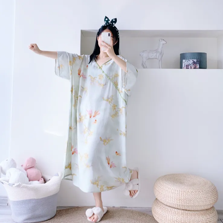 开衩新中式短袖加长大码棉绸睡裙宽松孕产妇胖MM200斤国风家居裙