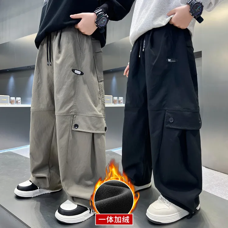 男童秋冬款工装裤子儿童冬装直筒休闲裤2025新款中大童大口袋长裤