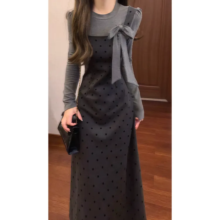 秋冬季韩系针织内搭假两件连衣裙长袖收腰气质长裙9853