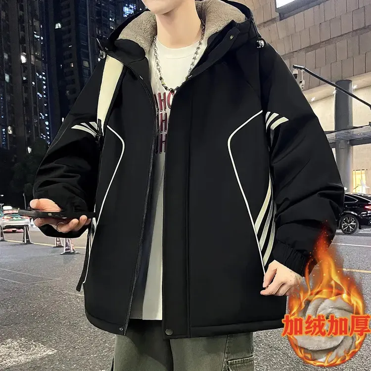 加厚加绒青少年连帽夹克男秋冬季新款学生宽松休闲棉衣港风外套潮