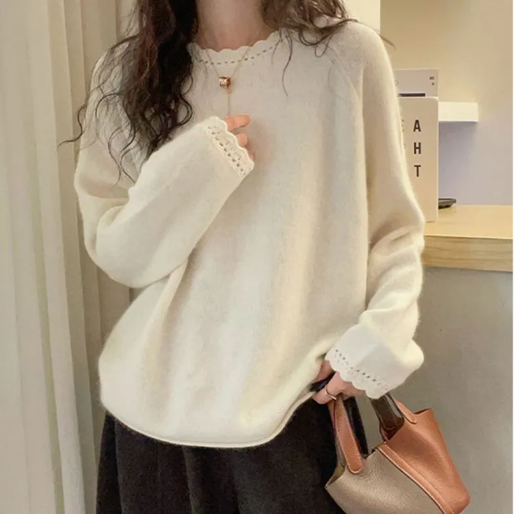 温柔风花边圆领针织毛衣内搭2025冬季韩系气质长袖打底衫保暖上衣