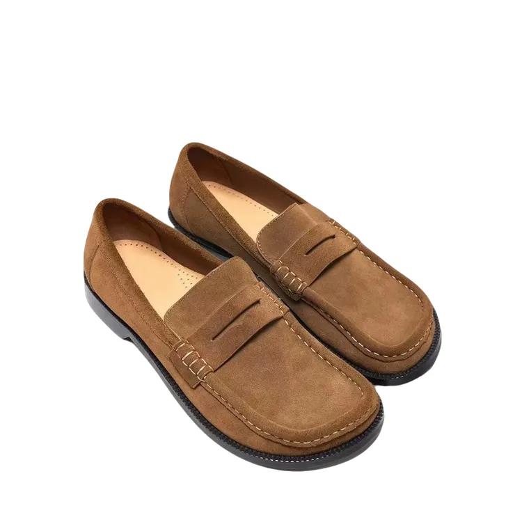 CPOZ2025春季新情侣款反绒乐福鞋男磨砂真皮牛皮棕色男方头豆豆鞋