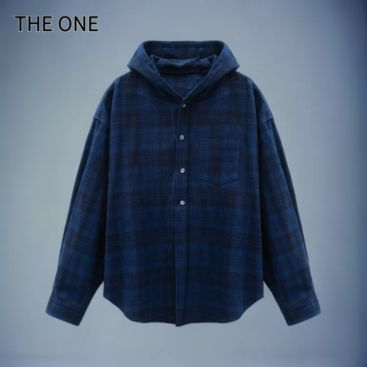 美式复古高级感磨毛格子休闲衬衫小众幽蓝色宽松廓形百搭连帽外套