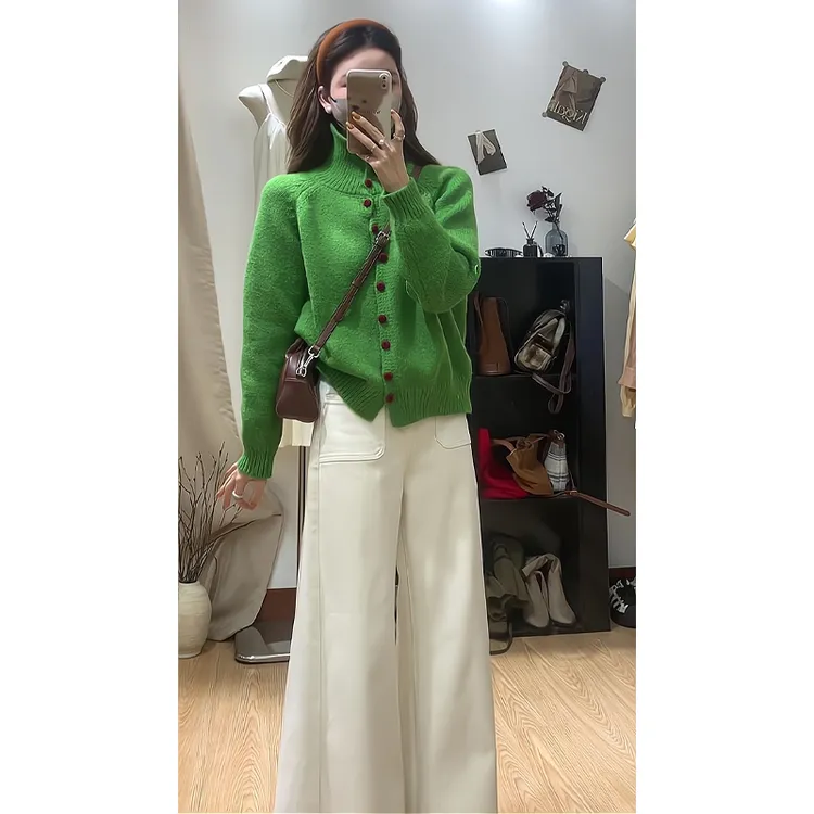 高领软糯显白内搭毛衣开衫针织套头阔腿大喇叭牛仔裤拖地裤2025年