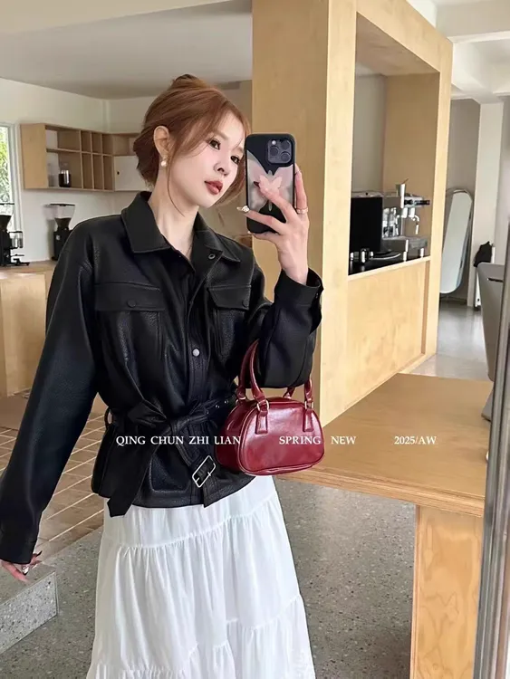 2025春季新款韩系前口袋腰带皮衣外套女高级感短款夹克