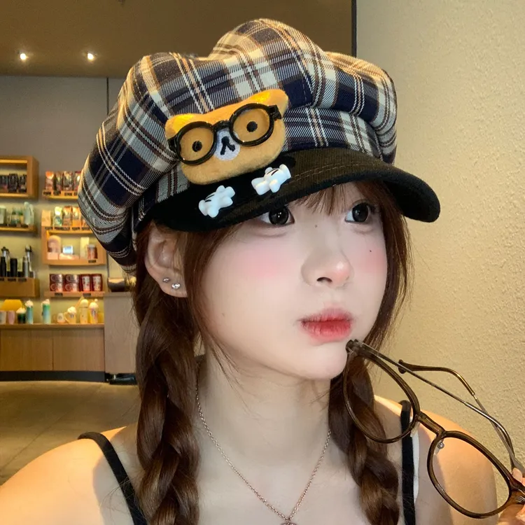 可爱眼镜轻松熊格纹八角贝雷帽女款百搭大头围显脸小鸭舌画家帽子