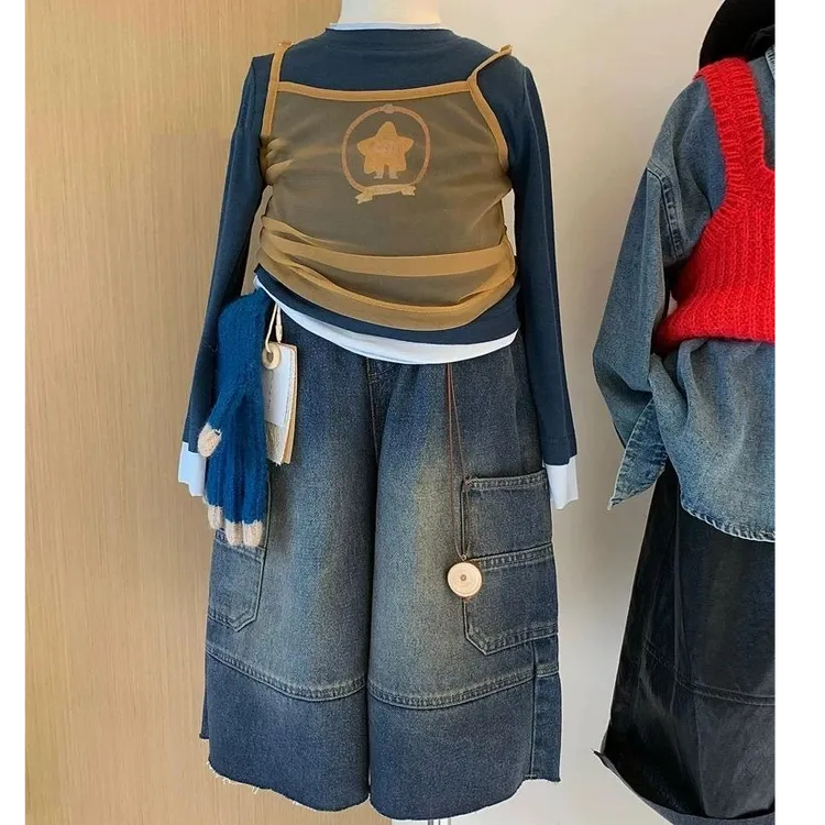 韩版女童套装2025新款秋季吊带网纱真两件上衣百搭工装牛仔裤潮款