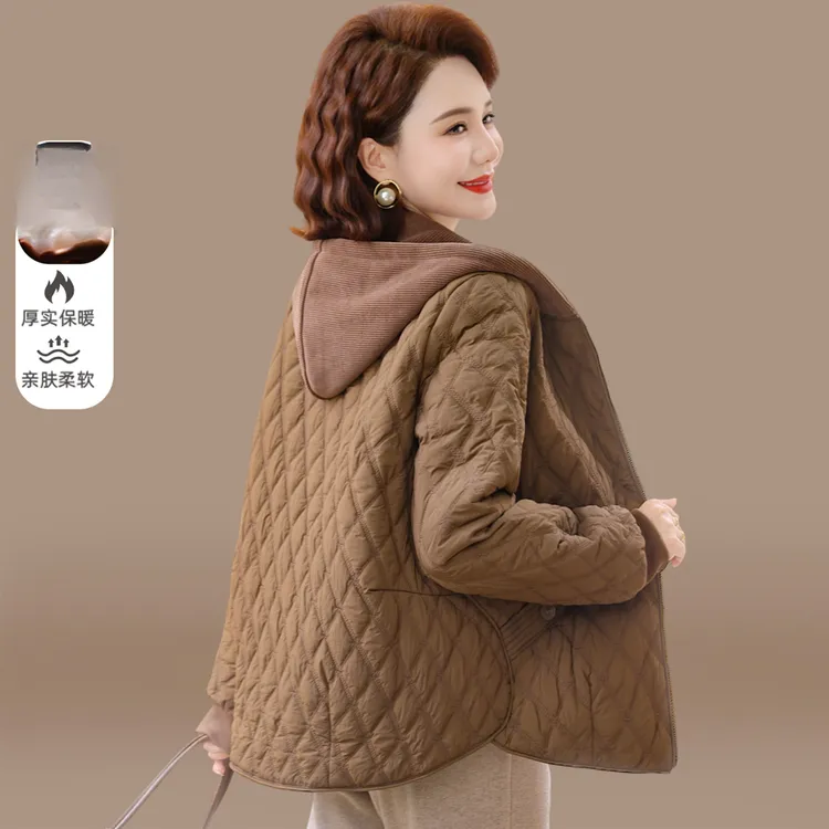 中年妈妈冬装夹棉外套中老年人女装秋冬季棉袄轻薄洋气大码棉衣服