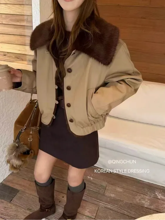 韩系超好看大翻领短款棉服女2025冬季新款洋气小个子保暖派克服女