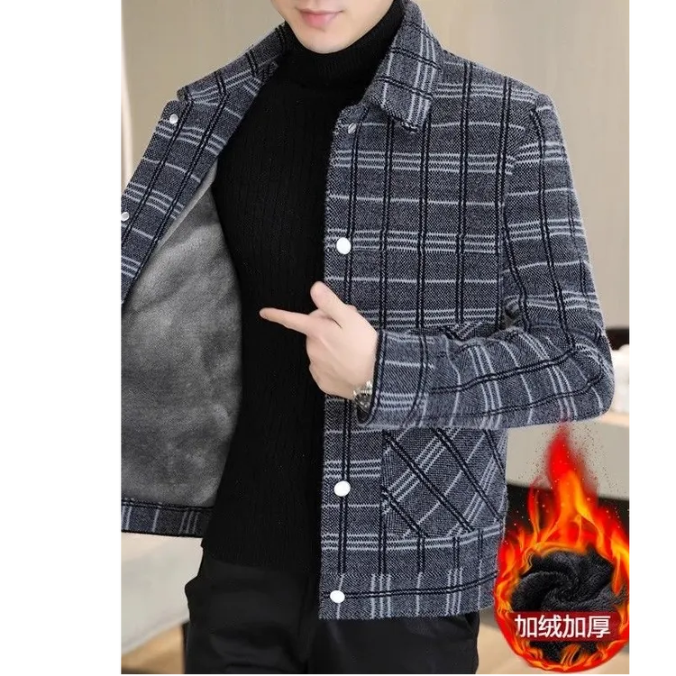 曼库帕娅复古格子毛呢外套男秋冬季新款帅气加绒加厚呢子夹克大衣