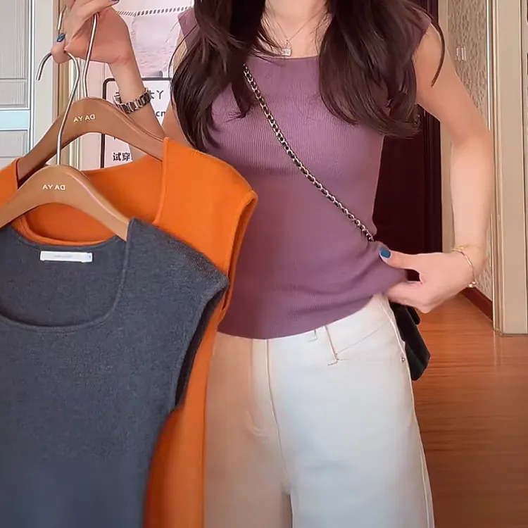 设计感方领针织修身包肩短袖T恤女2025夏季新款显瘦简约纯色上衣