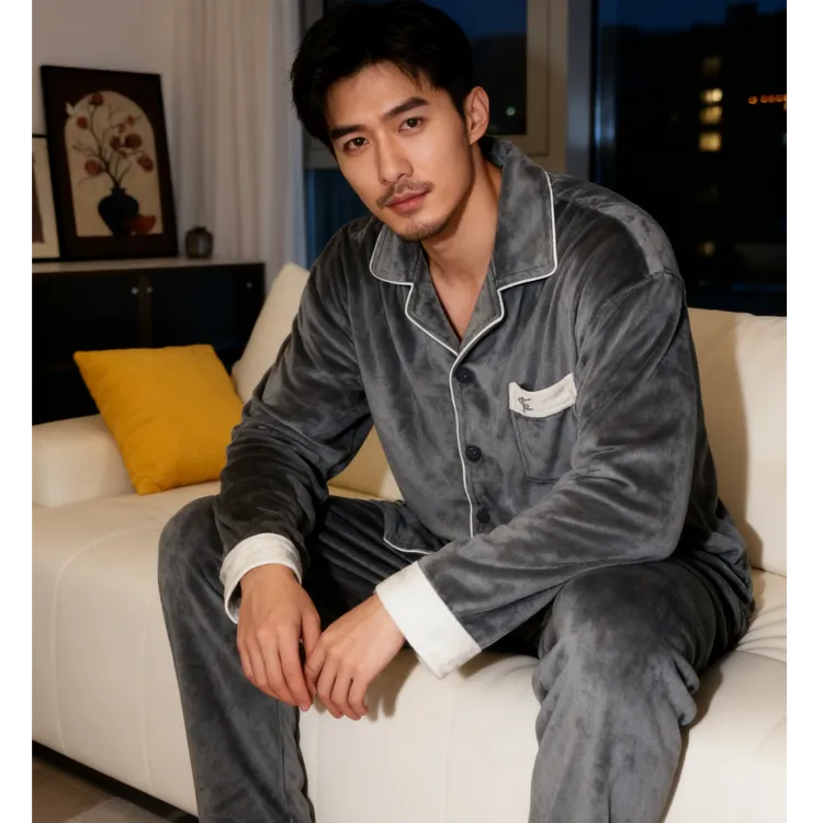 保暖睡衣男士冬季海岛绒加厚翻领气质家居服套装8314