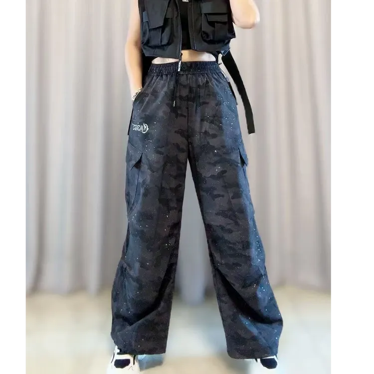 5179春秋复古字母刺绣宽松版工装迷彩裤休闲运动美式