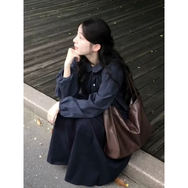 MARIE.COCO学院风花边拼接收腰长袖格子衬衫女早秋港风复古半身裙