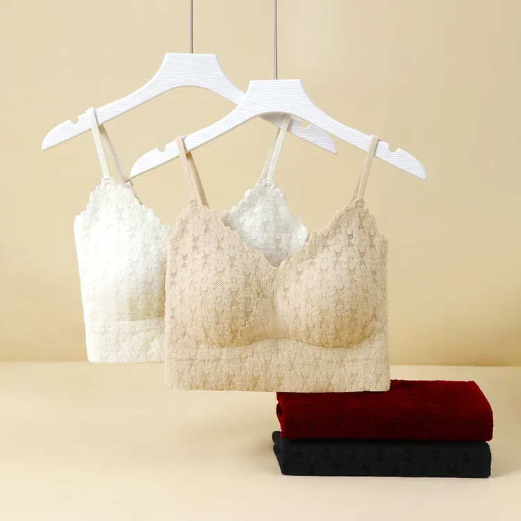 女士保暖内衣法式蕾丝款一体式固定杯25秋冬季打底衫抹胸吊带上衣