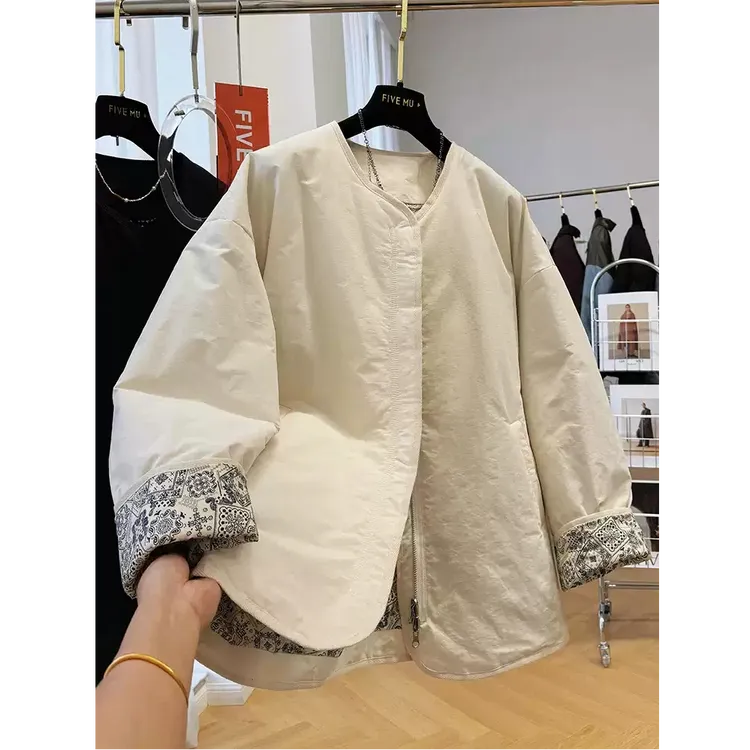 高级感复古别致独特超好看圆领棉服女秋冬慵懒松弛感休闲棉衣外套