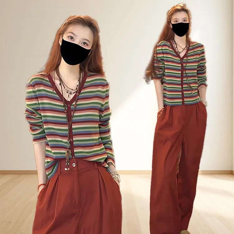 女士初秋减龄一整套氛围感穿搭长袖糖果条纹针织衫阔腿裤两件套装
