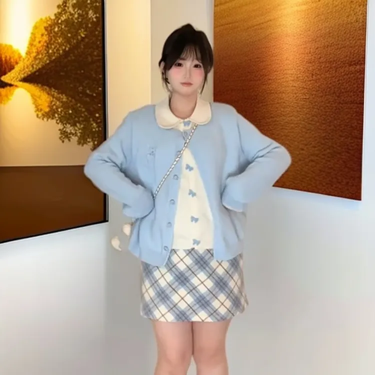 大码学院风假两件针织开衫女秋冬胖mm显瘦设计感小众甜美减龄上衣