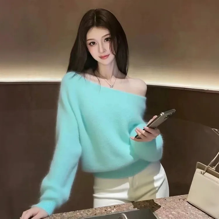 超好看独特漂亮法式温柔风针织毛衣女2025秋冬新款一字肩绝美上衣