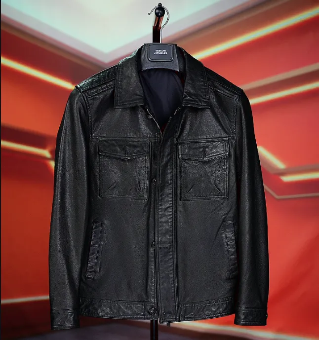 海宁男式薄款时尚修身真皮皮衣短款翻领商务头层小牛皮皮夹克外套