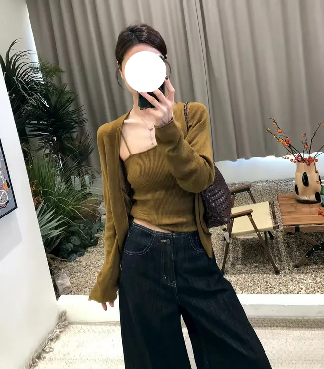 韩系2025早秋气质百搭显瘦时尚气质长袖针织开衫吊带两件套