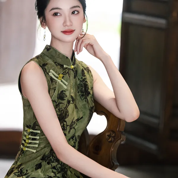 复古夏秋季园园旗袍新中式立领中长款常规款日常覆古风绿色中国风