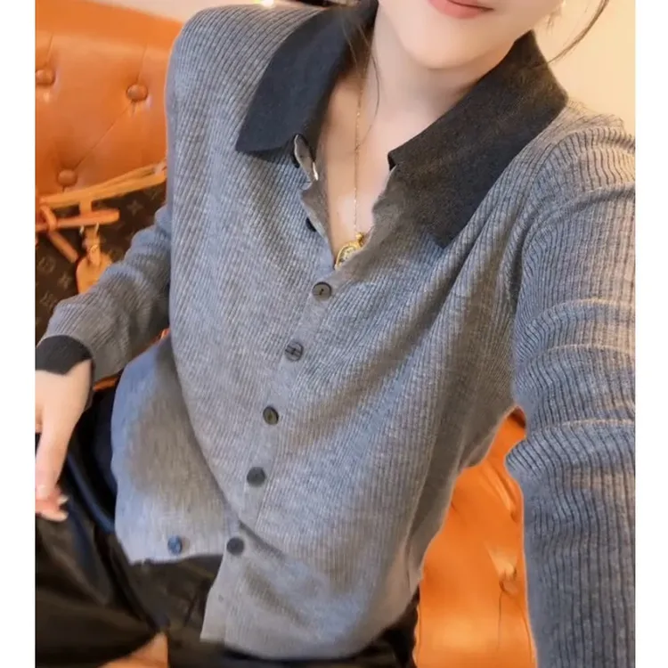 萱贝纯洋气减龄毛衣打底衫女2025年早秋新款拼色POLO领长袖针织衫