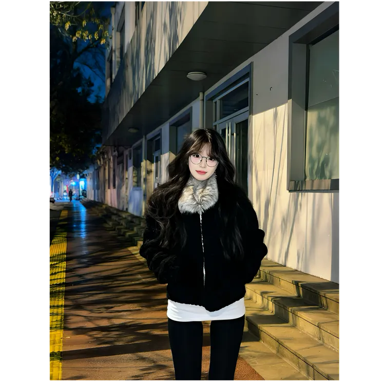 定染毛领小颗粒羊羔毛女秋冬季新款皮毛一体加厚黑色环保皮草外套