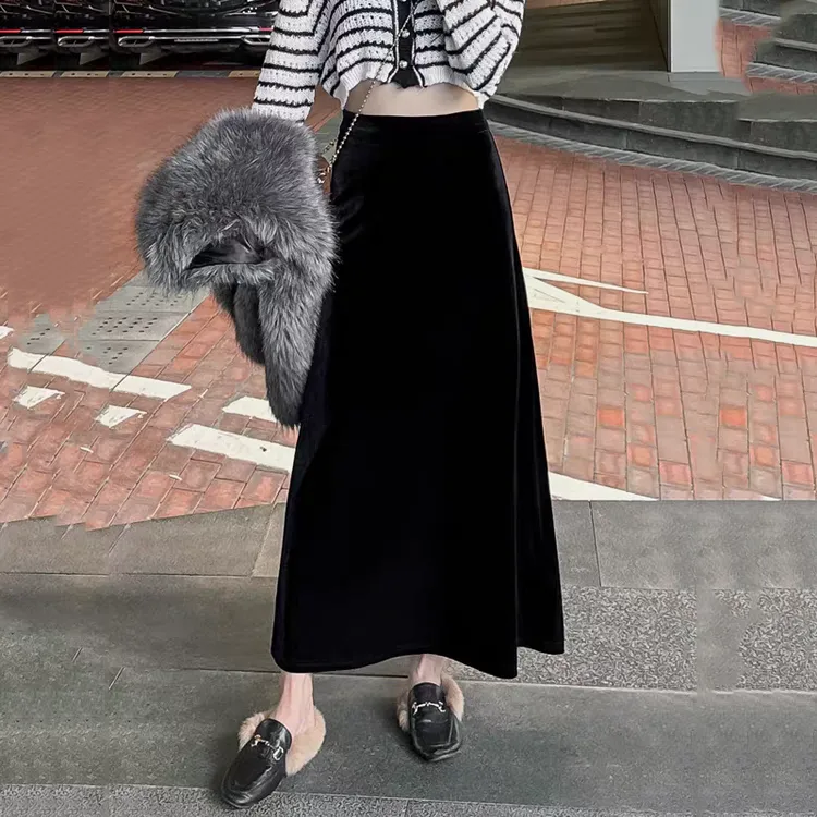 金丝绒半身裙女秋冬2025新款高腰垂感A字裙复古显瘦丝绒半身长裙