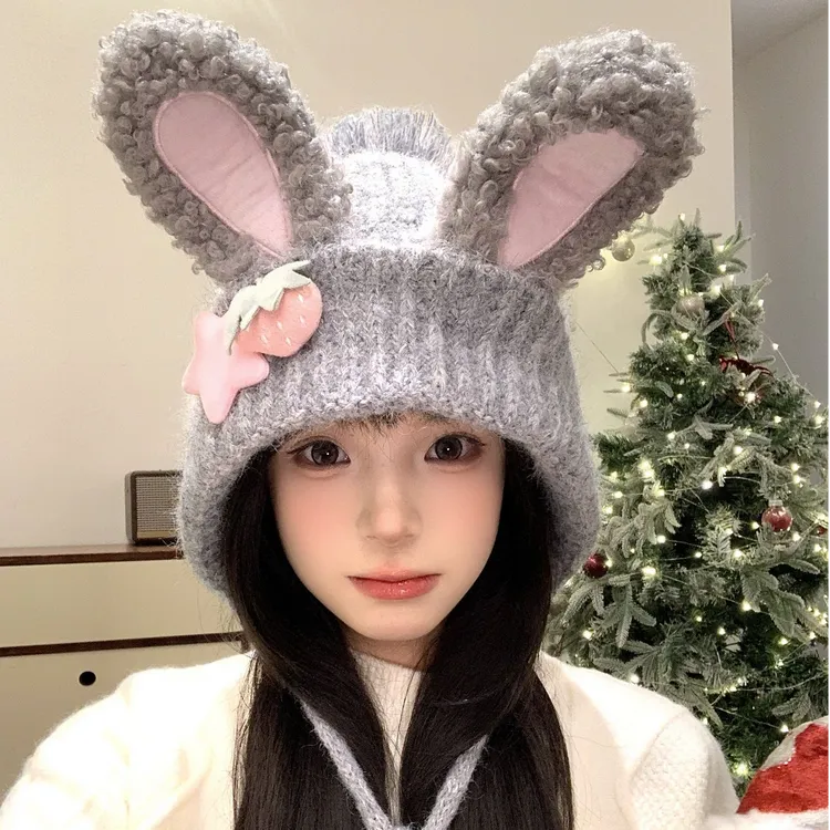 2025原创兔耳针织可爱亚文化宅萌百搭毛绒保暖帽护耳帽雷锋帽子