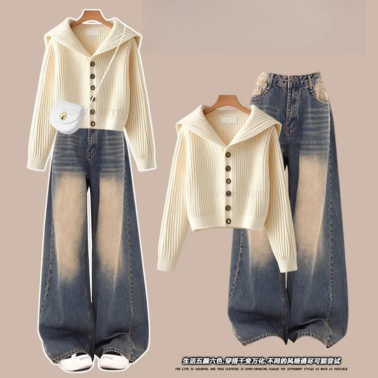 大码秋季牛仔套装女温柔减龄针织毛衣开衫搭高腰显瘦阔腿裤两件套