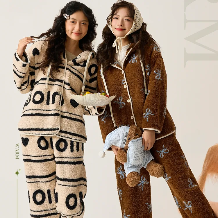 冬季保暖家居服加绒加厚可外穿长袖热炉套装冬季连帽毛绒睡衣女