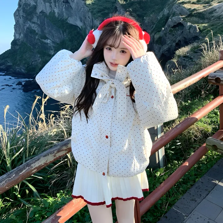 波点蝴蝶结设计连帽短款保暖甜美棉服女新款冬季加厚面包棉衣外套