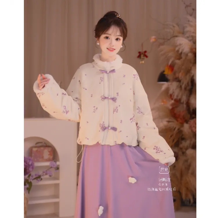 瑶西【紫黛暮雪】冬季厚款连理枝盘扣外套立体手工花加绒半裙