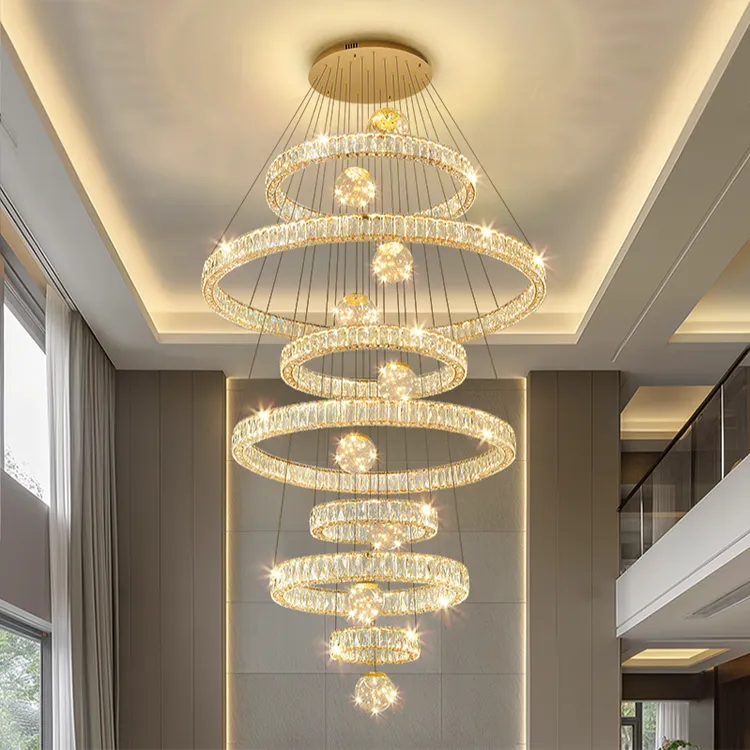 复式楼别墅客厅大吊灯简约现代轻奢水晶灯具公寓挑空楼梯灯长吊灯