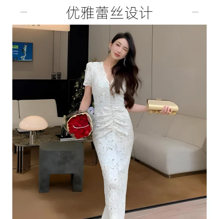丽颜夏季新款白色法式V领短袖修身显瘦包臀蕾丝连衣裙礼服裙