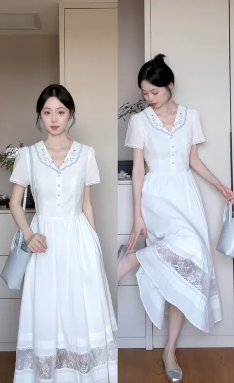 法式纯欲白色蕾丝拼接短袖连衣裙女夏季高级感收腰显瘦气质长裙子