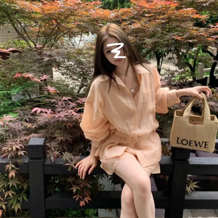 法式气质衬衫短裤套装女夏季新款慵懒翻领衬衫配腰带防晒套装