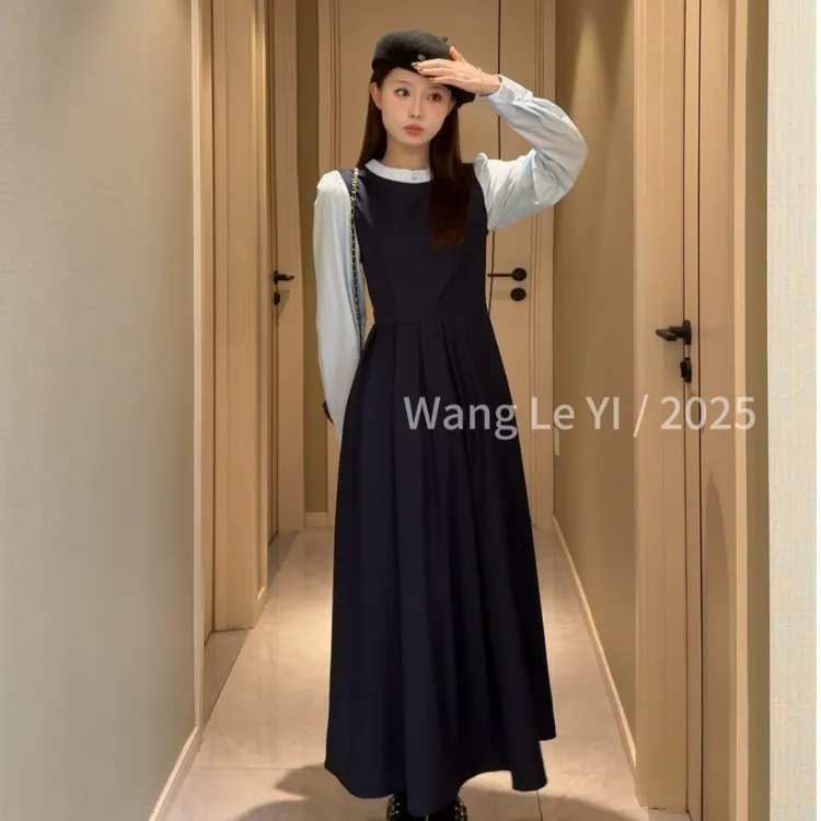 学院风连衣裙子女2025初秋穿搭一整套装高级感假两件绝美长裙5835