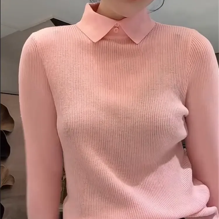 法式纯色翻领针织衫女2025冬季新款时尚修身显瘦内搭打底长袖上衣