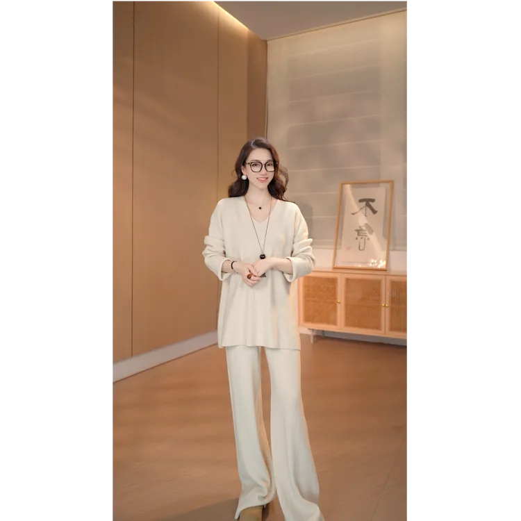 雨雨 秋季老钱风”羊毛”V领长袖上衣直筒裤两件套装A21164