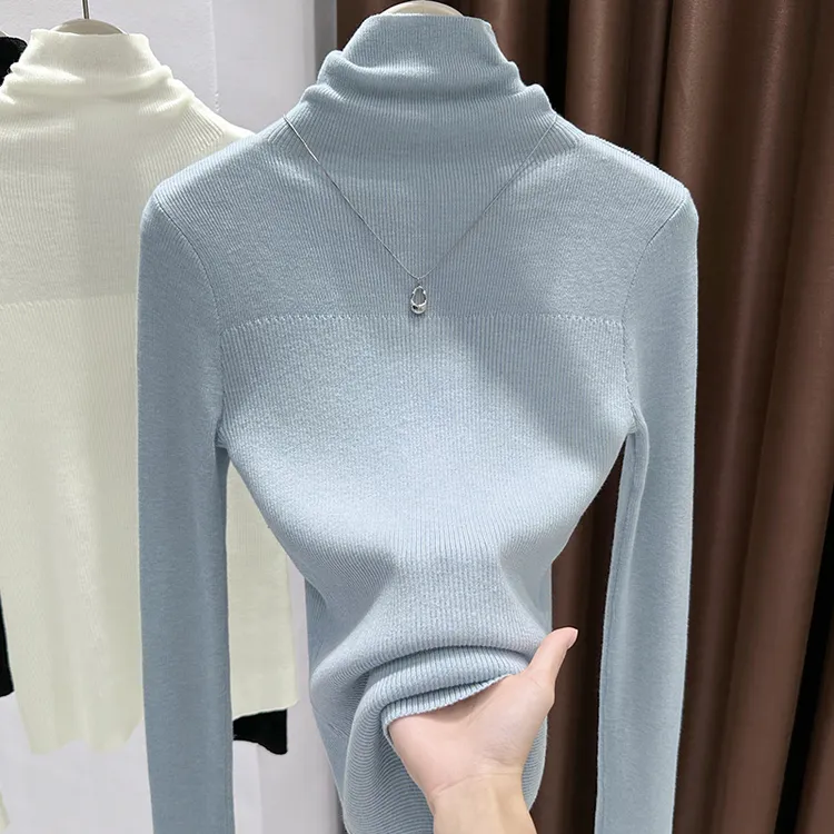 2025爆款堆堆领软糯坑条蓝色上衣秋季高档气质打底衫简约内搭女款