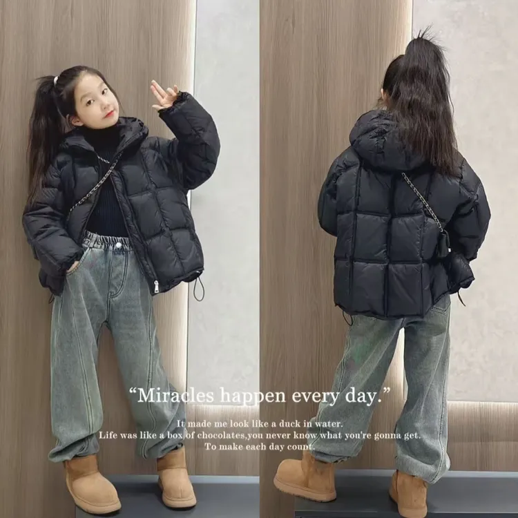 女童冬季休闲泡芙格连帽棉衣中大童洋气面包服儿童冬装棉服外套潮