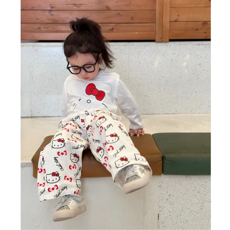 壹妈韩版童装女童秋装套装洋气时髦休闲kt猫印花白色t恤上衣裤子
