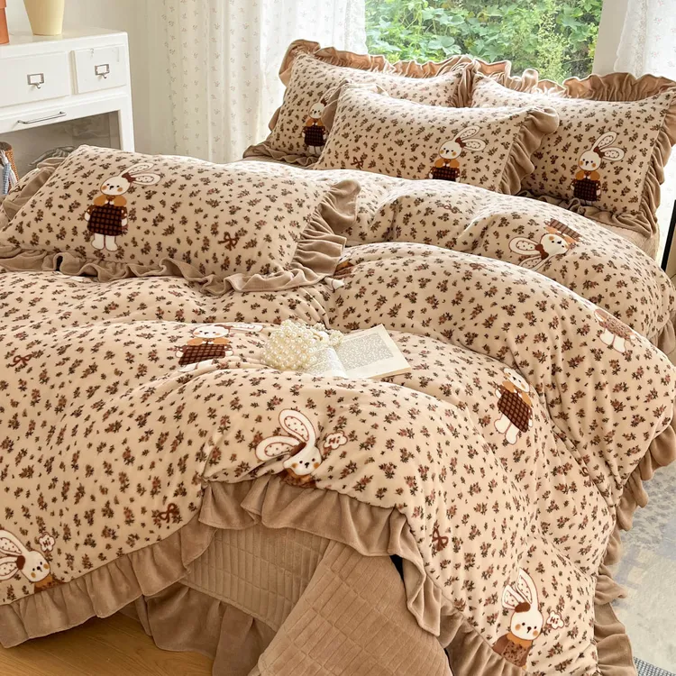 韩式花边绒被套牛奶绒四件套双面绒被罩加绒床盖婴儿绒夹棉床裙款